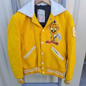 Vintage 80s Wool Yellow Tweety Bird Letterman Varsity Jacket Janis Small XS Prep